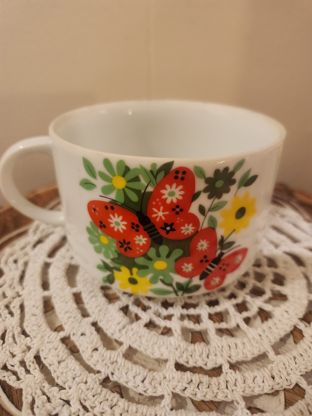 Vintage White Ceramic Mug with Red Butterfly & Floral Design